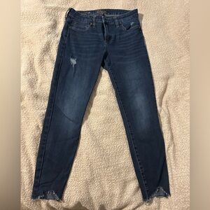 Straight leg, high waisted, dark denim, raw edge jeans